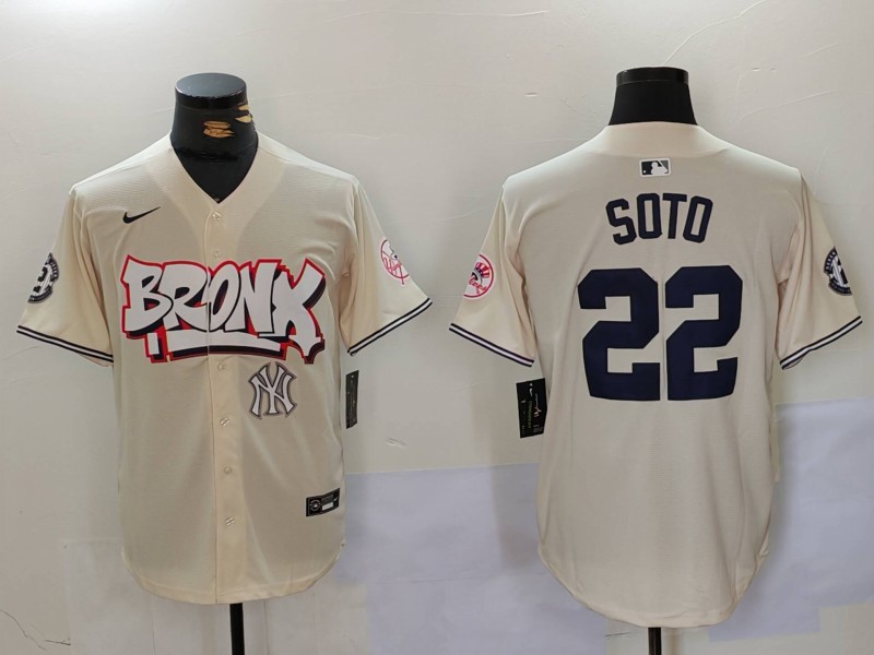 Men's New York Yankees #22 Juan Soto Cream The Bronx Graffiti V2 Vapor Limited Stitched Baseball Jersey 3