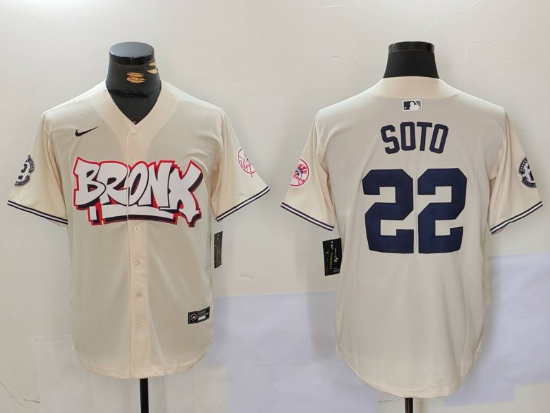 Men's New York Yankees #22 Juan Soto Cream The Bronx Graffiti V2 Vapor Limited Stitched Baseball Jersey 2