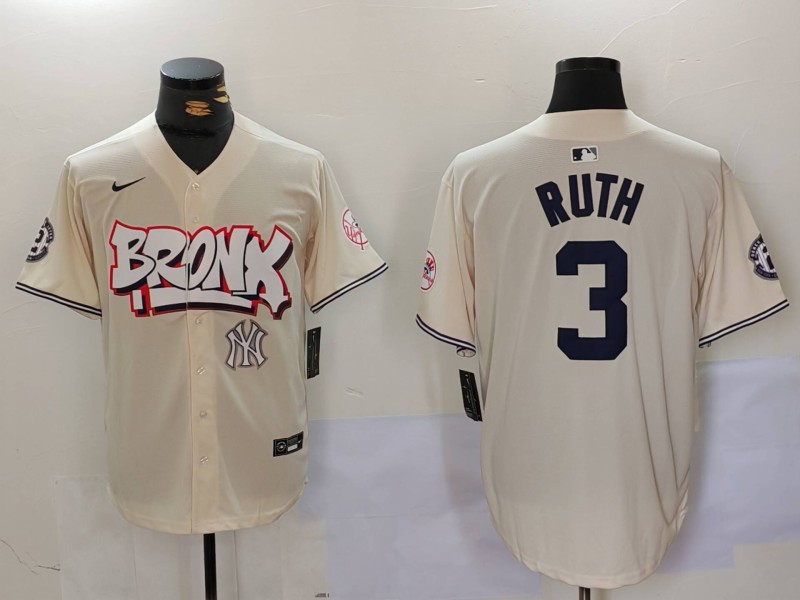 Men's New York Yankees #3 Babe Ruth Cream The Bronx Graffiti V2 Vapor Limited Stitched Baseball Jersey 5