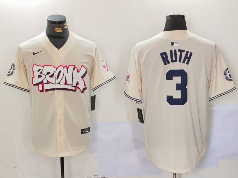 Men's New York Yankees #3 Babe Ruth Cream The Bronx Graffiti V2 Vapor Limited Stitched Baseball Jersey 3