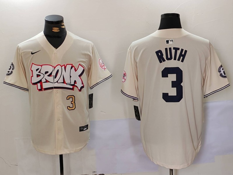 Men's New York Yankees #3 Babe Ruth Cream The Bronx Graffiti V2 Vapor Limited Stitched Baseball Jersey 2