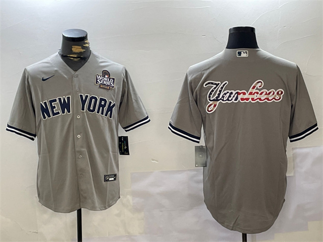 Men's New York Yankees Grey Team Big Logo 2024 World Series Cool Base Stitched Baseball Jersey 3