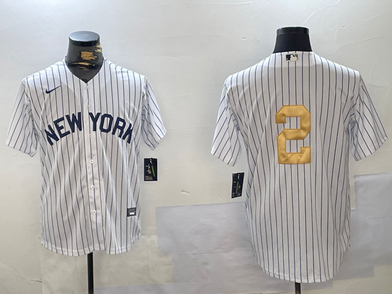 Men's New York Yankees #2 Derek Jeter White Pinstripe Without Name Fashion Cool Base Jersey 1