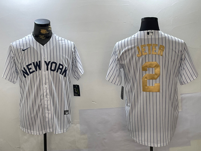 Men's New York Yankees #2 Derek Jeter White Pinstripe Fashion Cool Base Jersey 1