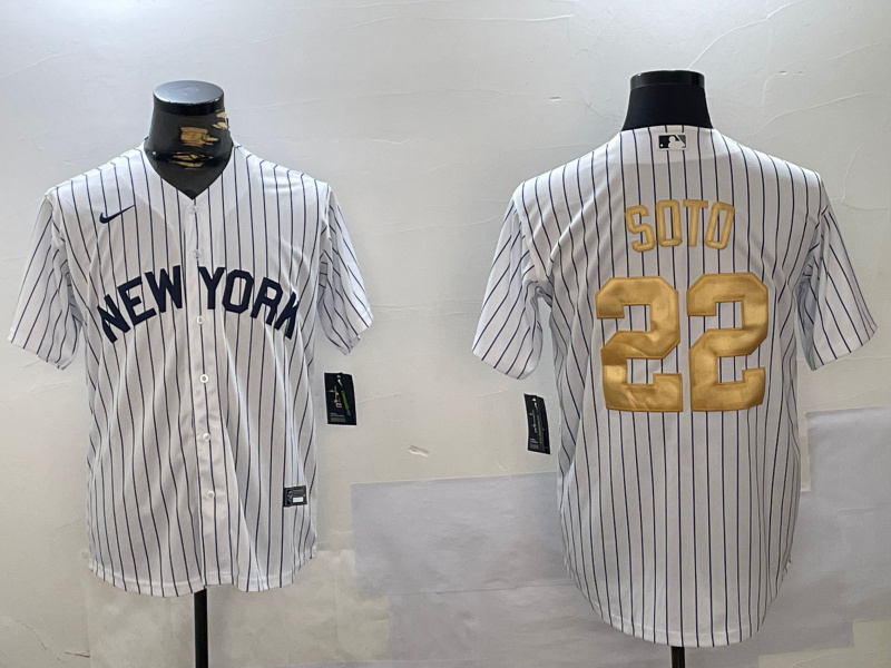 Men's New York Yankees #22 Juan Soto White Pinstripe Fashion Cool Base Jersey 1