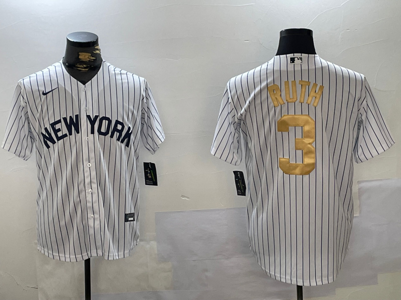 Men's New York Yankees #3 Babe Ruth White Pinstripe Fashion Cool Base Jersey 1