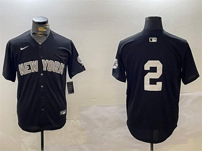 Men's New York Yankees #2 Derek Jeter Black With Patch Limited Stitched Baseball Jersey