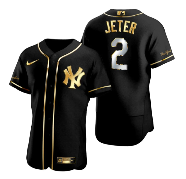 Men's New York Yankees #2 Derek Jeter Black Gold Flex Base Stitched Baseball Jersey