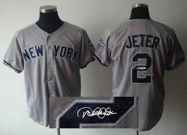 New York Yankees #2 Derek Jeter Grey Autographed Stitched Baseball Jersey