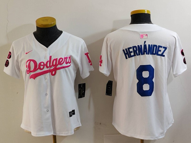 Women's Los Angeles Dodgers #8 Enrique Hernández White Pink Vin & Kobe Patch Stitched Baseball Jersey(Run Small)