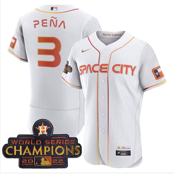 Men's Houston Astros #3 Jeremy Pe?a White With 2022 World Serise Champions Patch Stitched Baseball Jersey