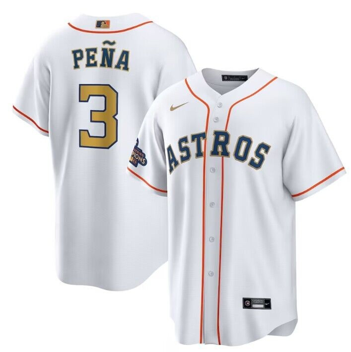 Men's Houston Astros #3 Jeremy Pe?a White 2023 Gold Collection With World Serise Champions Patch Cool Base Stitched Baseball Jersey