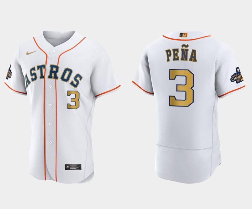 Men's Houston Astros #3 Jeremy Pe?a White 2023 Gold Collection With World Serise Champions Patch Stitched Baseball Jersey