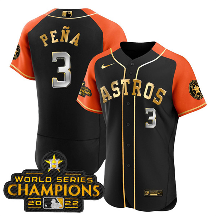 Men's Houston Astros #3 Jeremy Pe?a 2023 Black Gold V2 Alternate Flex Base Stitched Baseball Jersey