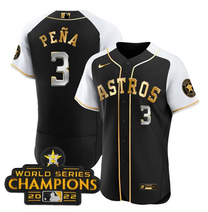 Men's Houston Astros #3 Jeremy Pe?a 2023 Black Gold Alternate Flex Base Stitched Baseball Jersey