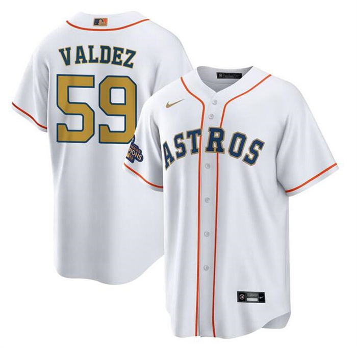 Men's Houston Astros #59 Framber Valdez White Gold Cool Base Stitched Baseball Jersey