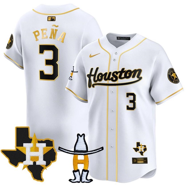 Men's Houston Astros #3 Jeremy Pe?a White Gold Houston Rodeo Patch Vapor Premier Limited Stitched Baseball Jersey