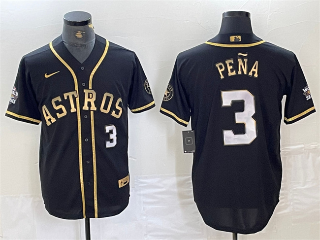 Men's Houston Astros #3 Jeremy Pe?a Black Gold 2022 World Series Stitched Baseball Jersey