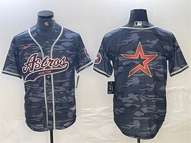 Men's Houston Astros Gray Camo Team Big Logo With Patch Cool Base Stitched Baseball Jersey 1