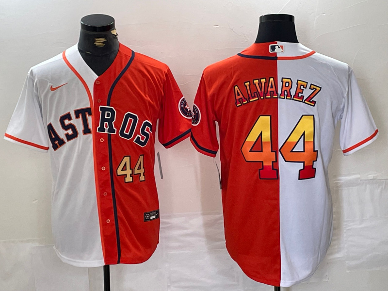 Men's Houston Astros #44 Yordan Alvarez White Orange Split With Patch Cool Base Stitched Baseball Jersey 2