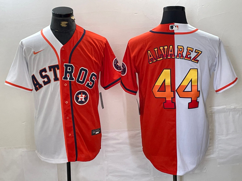 Men's Houston Astros #44 Yordan Alvarez White Orange Split With Patch Cool Base Stitched Baseball Jersey 1