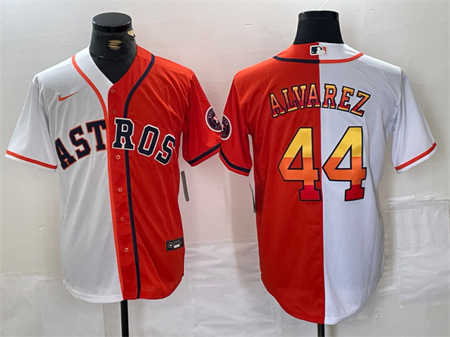 Men's Houston Astros #44 Yordan Alvarez White Orange Split With Patch Cool Base Stitched Baseball Jersey