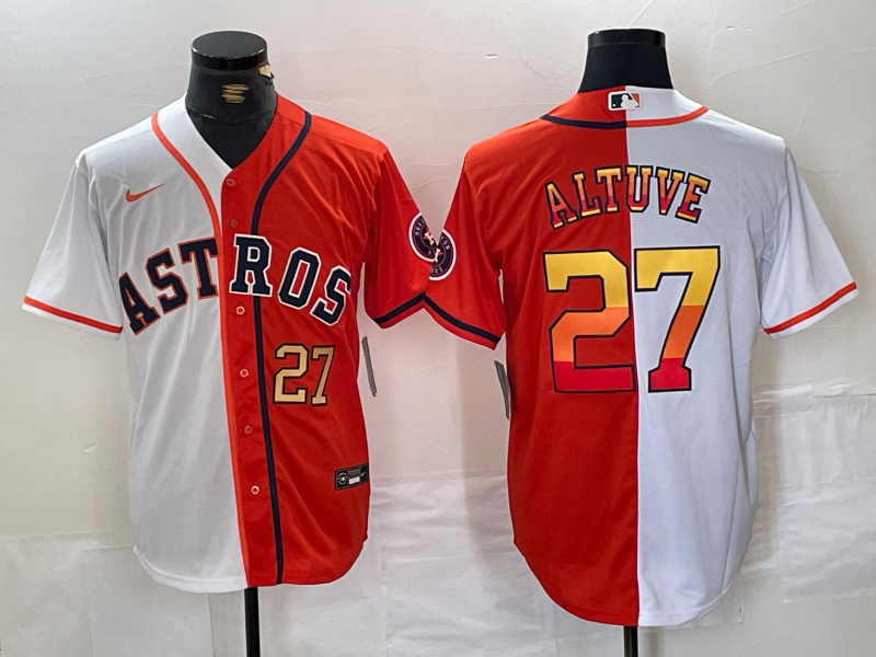 Men's Houston Astros #27 Jose Altuve White Orange Split With Patch Cool Base Stitched Baseball Jersey 1