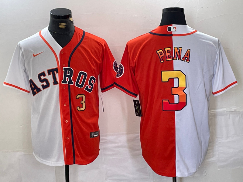 Men's Houston Astros #3 Jeremy Pe?a White Orange Split With Patch Cool Base Stitched Baseball Jersey 2