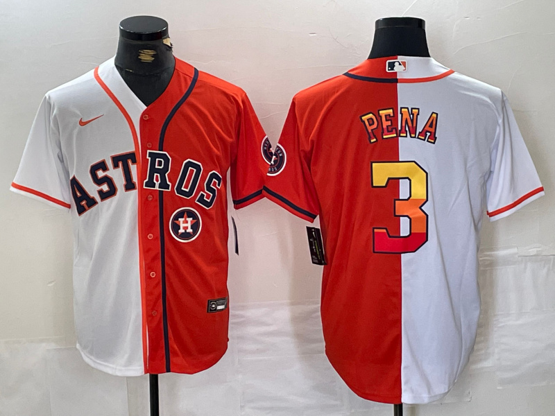 Men's Houston Astros #3 Jeremy Pe?a White Orange Split With Patch Cool Base Stitched Baseball Jersey 1