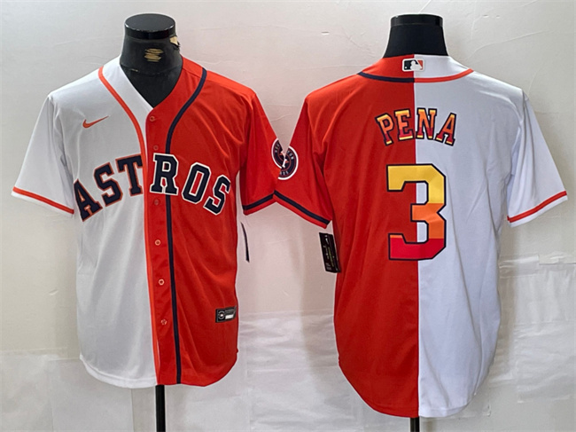 Men's Houston Astros #3 Jeremy Pe?a White Orange Split With Patch Cool Base Stitched Baseball Jersey