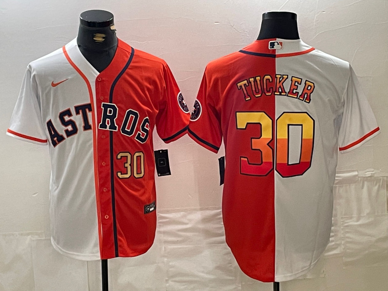 Men's Houston Astros #30 Kyle Tucker White Orange Split With Patch Cool Base Stitched Baseball Jersey 2