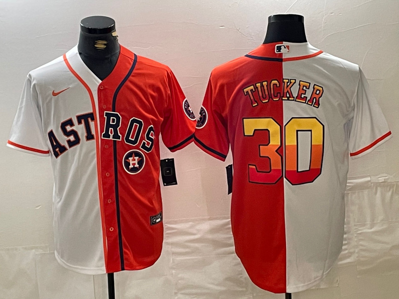 Men's Houston Astros #30 Kyle Tucker White Orange Split With Patch Cool Base Stitched Baseball Jersey 1