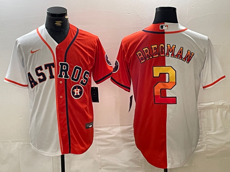 Men's Houston Astros #2 Alex Bregman White Orange Split With Patch Cool Base Stitched Baseball Jersey 1