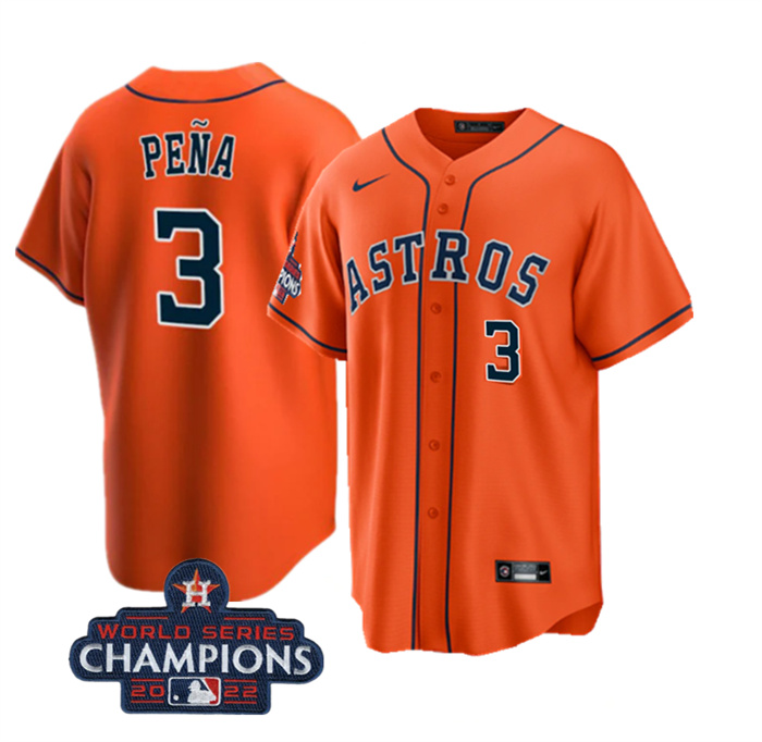 Men's Houston Astros #3 Jeremy Pe?a Orange 2022 World Series Champions Cool Base With No. In Front Stitched Baseball Jersey