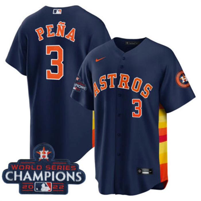 Men's Houston Astros #3 Jeremy Pe?a Navy 2022 World Series Champions Cool Base With No. In Front Stitched Baseball Jersey