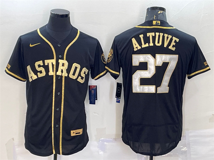 Men's Houston Astros #27 Jose Altuve Black Gold Flex Base Stitched Jersey