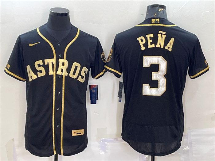 Men's Houston Astros #3 Jeremy Pe?a Black Gold Flex Base Stitched Jersey