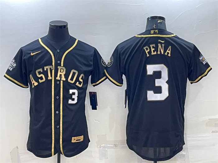 Men's Houston Astros #3 Jeremy Pe?a Black Gold 2022 World Series Flex Base Stitched Jersey