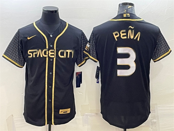 Men's Houston Astros #3 Jeremy Pe?a Black Gold 2022 World Series City Connect Flex Base Stitched Jersey