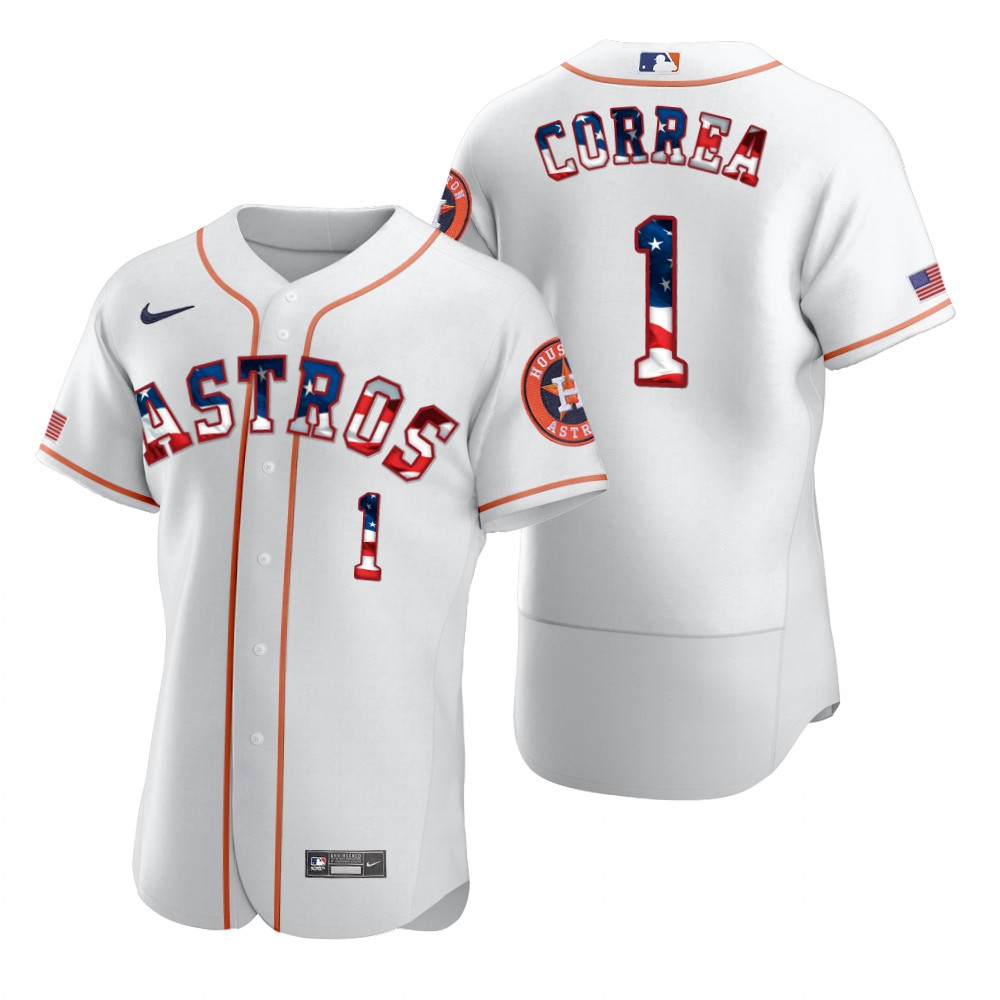 Houston Astros #1 Carlos Correa Men's Nike White Fluttering USA Flag Limited Edition Authentic MLB Jersey