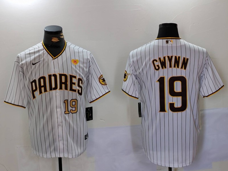 Men's San Diego Padres #19 19 Tony Gwynn White With PS Patch Cool Base Stitched Baseball Jersey