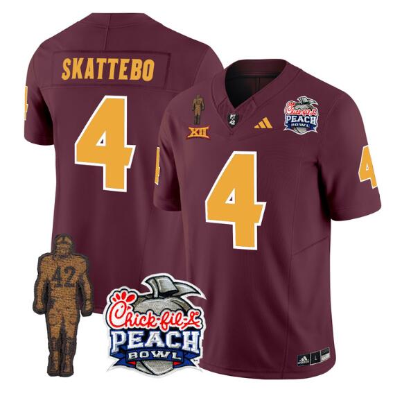 Men's Arizona State Sun Devils #4 Cam Skattebo 2024 F.U.S.E. Maroon Pat Tillman & Peach Bowl Patch Vapor Limited Stitched Jersey