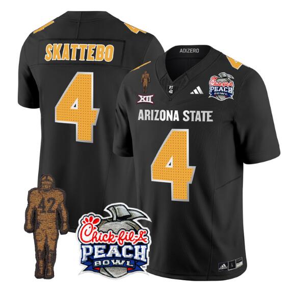 Men's Arizona State Sun Devils #4 Cam Skattebo 2024 F.U.S.E. Black Pat Tillman & Peach Bowl Patch Vapor Limited Stitched Jersey