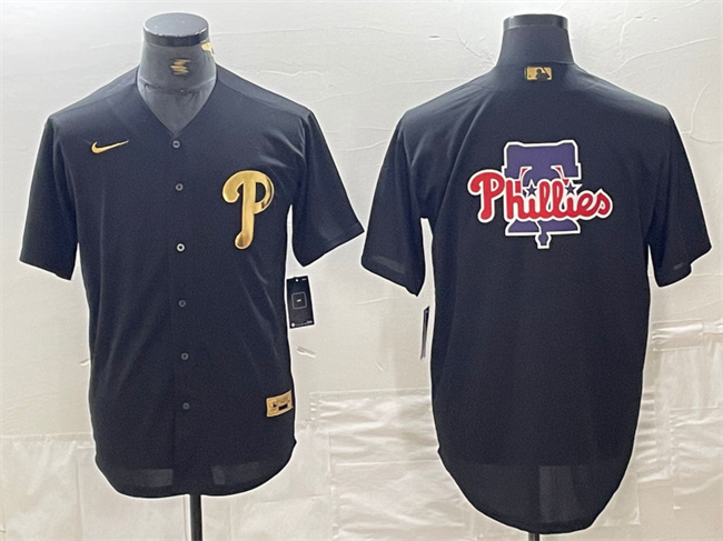 Men's Philadelphia Phillies Black Team Big Logo Cool Base Stitched Baseball Jersey ·1