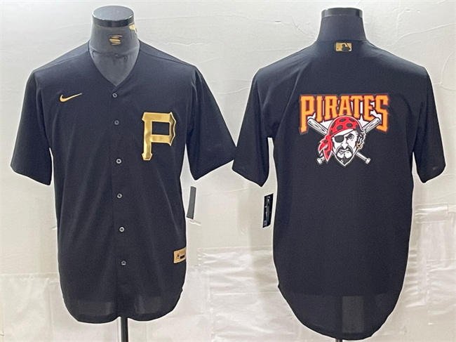 Men's Pittsburgh Pirates Black Team Big Logo Cool Base Stitched Baseball Jersey 1