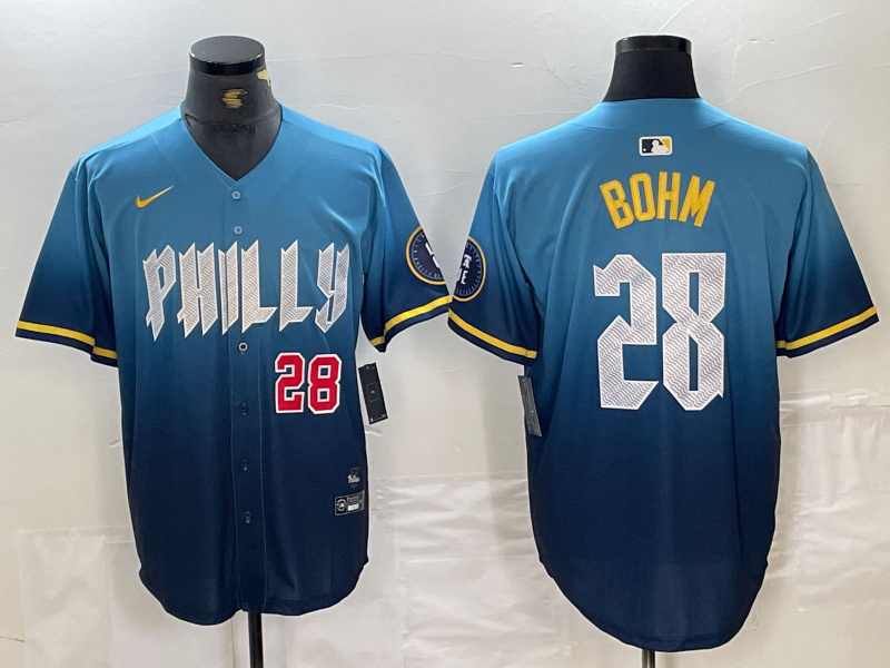 Men's Philadelphia Phillies #28 Alec Bohm Blue 2024 City Connect Limited Stitched Baseball Jersey 4