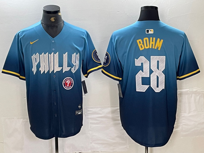 Men's Philadelphia Phillies #28 Alec Bohm Blue 2024 City Connect Limited Stitched Baseball Jersey 2