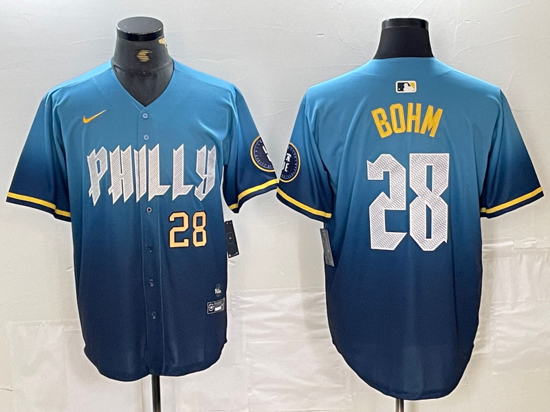 Men's Philadelphia Phillies #28 Alec Bohm Blue 2024 City Connect Limited Stitched Baseball Jersey 1