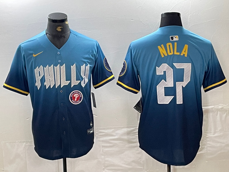 Men's Philadelphia Phillies #27 Aaron Nola Blue 2024 City Connect Limited Stitched Baseball Jersey 3