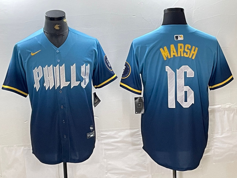 Men's Philadelphia Phillies #16 Brandon Marsh Blue 2024 City Connect Limited Stitched Jersey 2